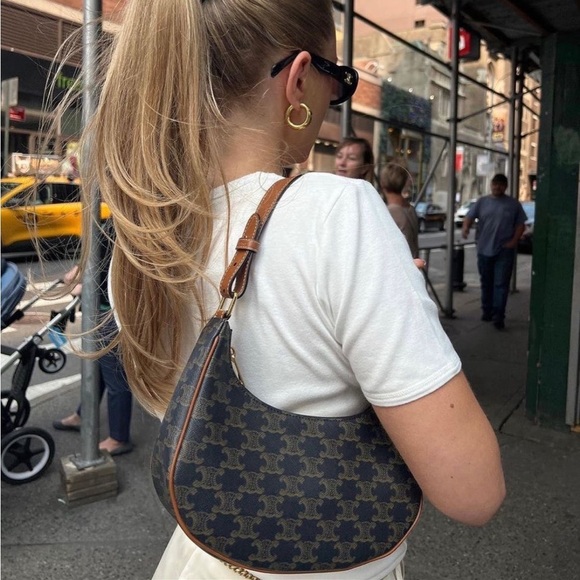 Small Ava Half Moon Crescent Bag in Triomphe Canvas and Calfskin in Tan - Picture 13 of 14